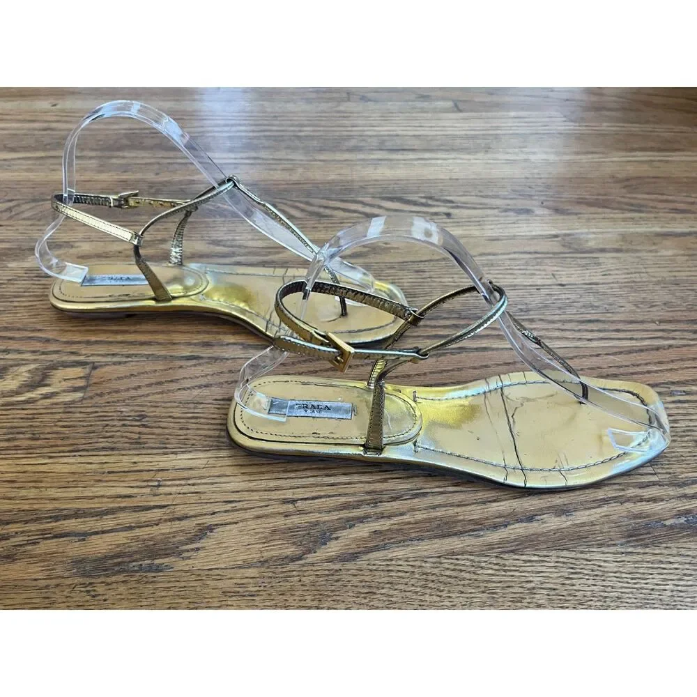 PRADA Milano Gold Strap Flat Sandals Shoes  Women's Size EU 38 US 7.5